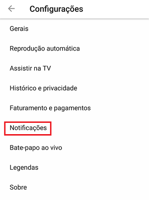configurações do youtube