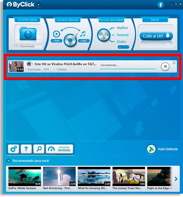 tela do byclick downloader com caixa de borda vermelha destacando a barra de download de um vídeo do dailymotion