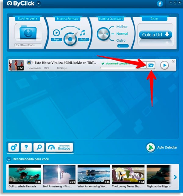 tela do byclick downloader com vídeo baixado e setas vermelhas apontando para ícone em forma de pasta para ver vídeo baixado do dailymotion