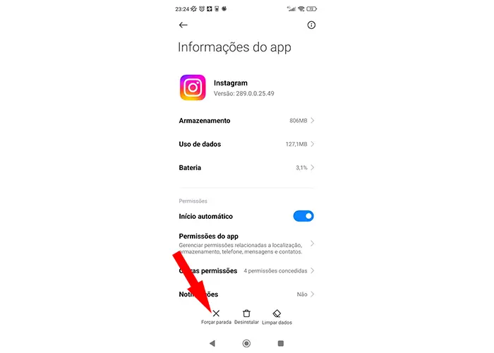 clique em forçar parada Stories não carregam