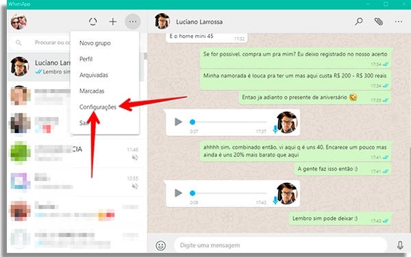 tela de configuracao do mensageiro