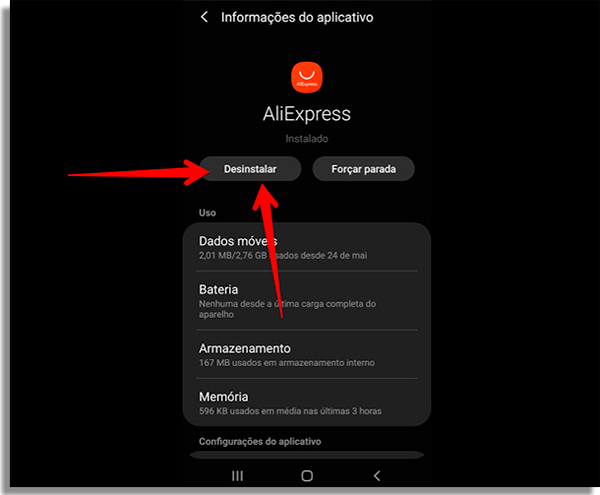 clique em desinstalar para remover um app