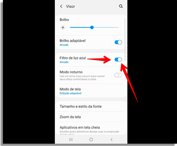 ative o filtro de luz azul