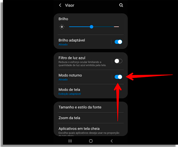 ative o modo noturno ao configurar aparelho android