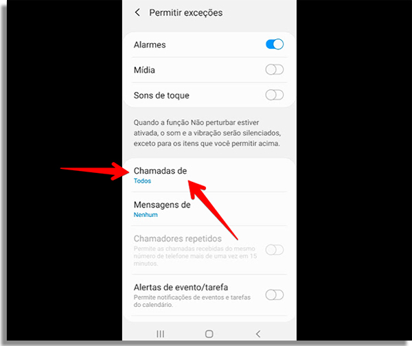 entre no menu chamadas de para permitir chamadas no horario silencioso