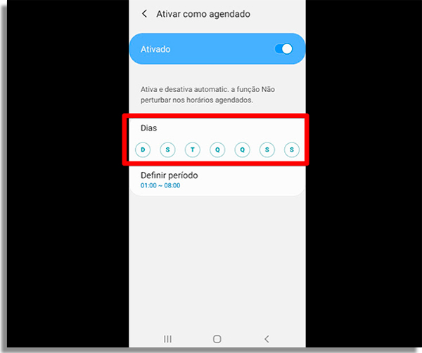 escolha os dias onde o silencioso sera ativado ao configurar aparelho android