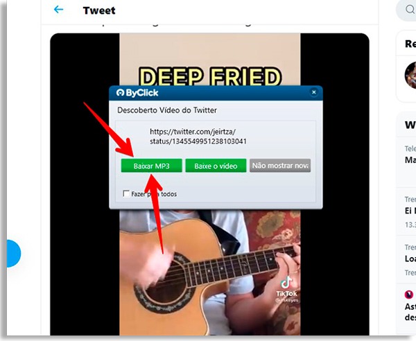 tela do byclick downloader com setas vermelhas apontando para botão baixar música