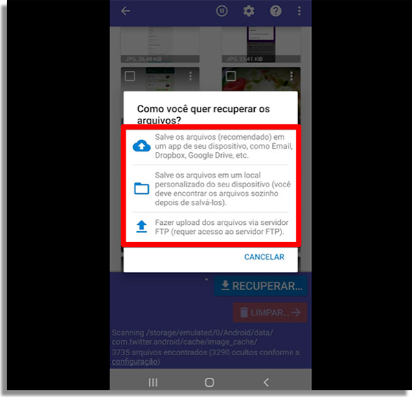escolha onde ira colocar as imagens recuperadas