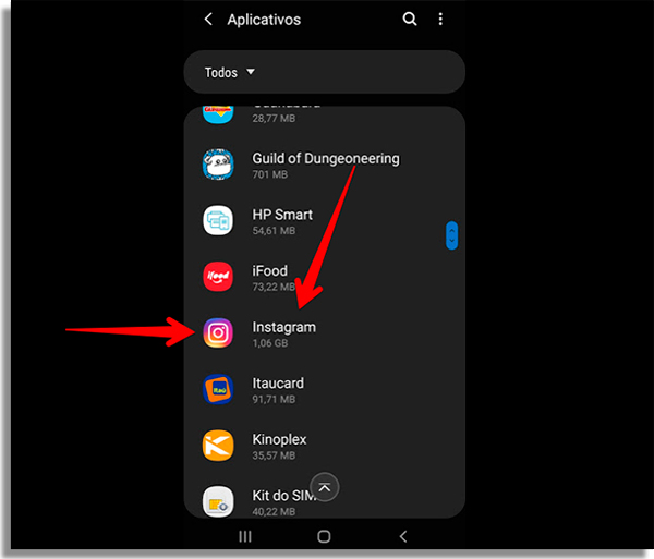 encontre o insta na lista de apps