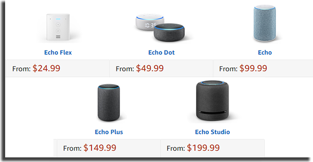 several amazon echo models with prices on a shopping page with white background