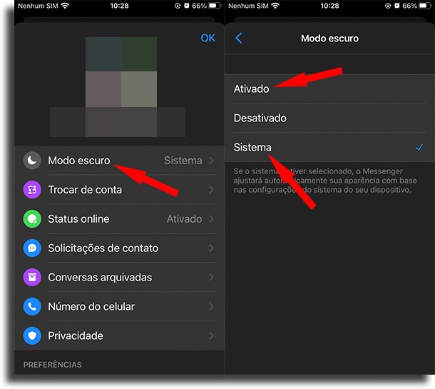 Modo escuro no Facebook Messenger
