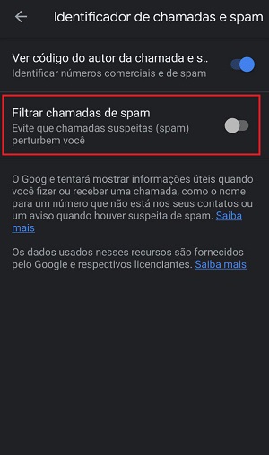 filtrar chamadas de spam