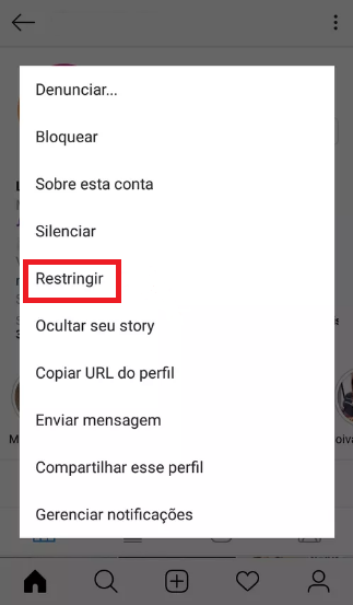 restringir do instagram opções