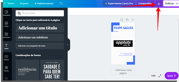 tela de edição do canva com seta apontando onde fica o botão de download