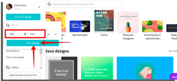 tela inicial do site canva, nos primeiros estágios da criação de um design
