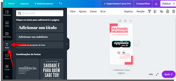 tela de edição do canva com seta apontando onde fica a seção para inserir caixas de texto