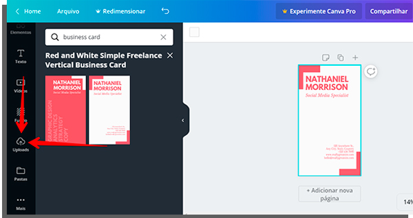 tela de edição do canva, com seta apontando onde está a opção de enviar uploads do computador