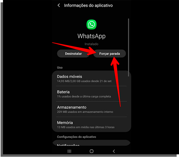 botão de forçar parada de apps