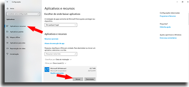 aplicativos e recursos mover programas para outro HD