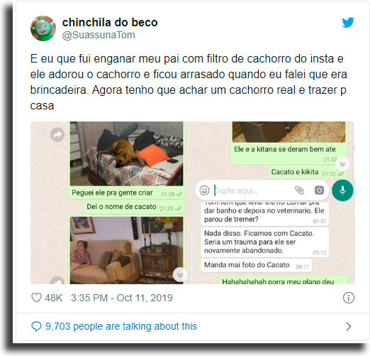Exemplo Sasha Dog Twitter filtro de cachorro