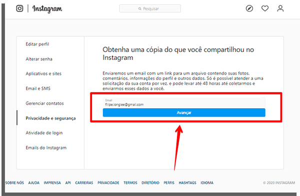 inserção de email para reaver dados do insta