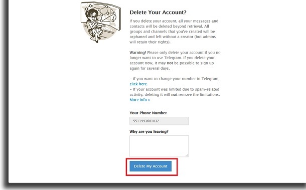 deletar conta do telegram
