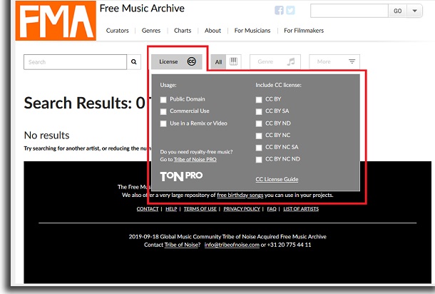 The License tab to check if you can download free music you found
