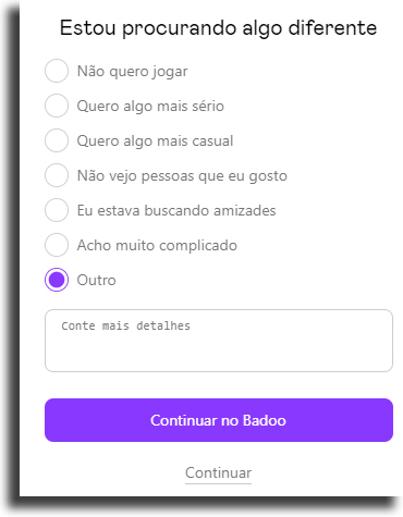 justificativa excluir conta do Badoo