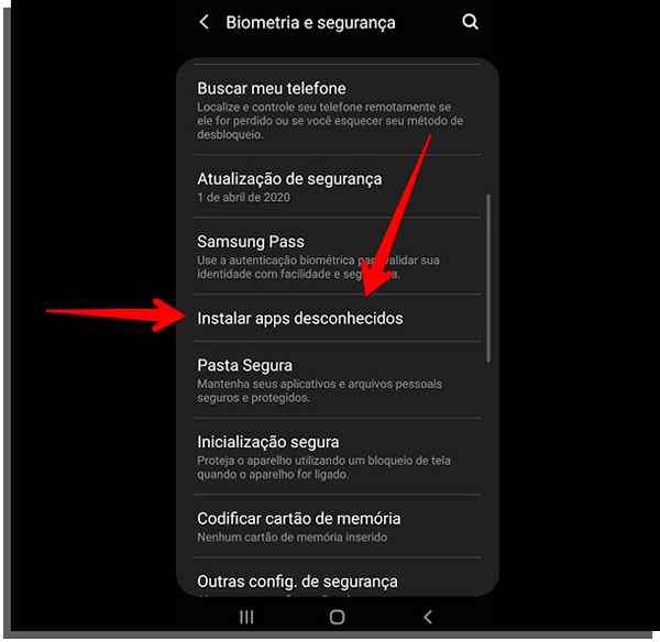 habilite a opção de instalar aplicativos desconhecidos