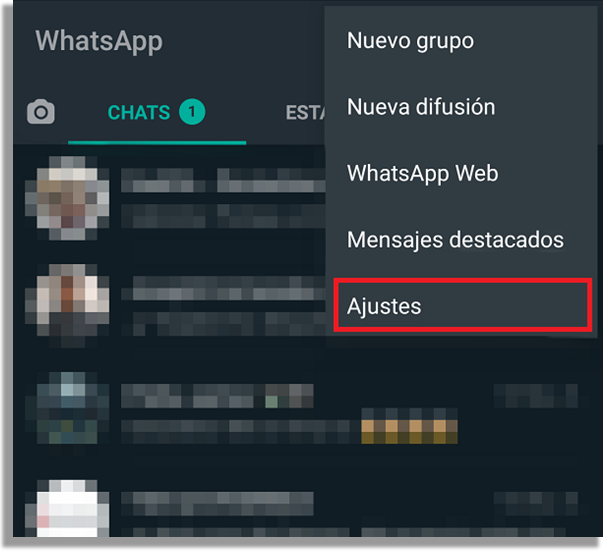 panel de ajustes de whatsapp