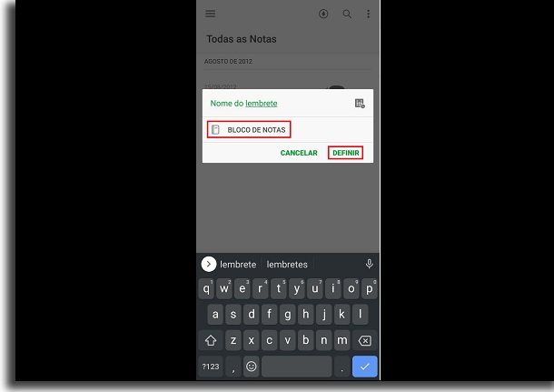 adicionar lembrete no smartphone bloco de notas