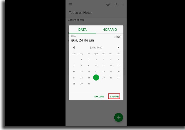 calendário do evernote para adicionar lembrete no smartphone