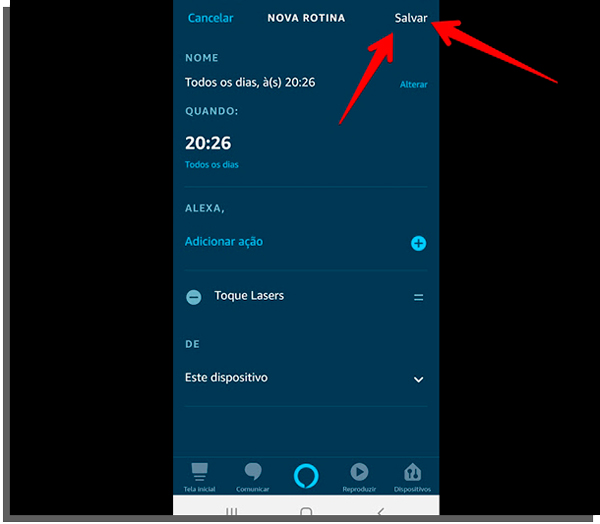 clique em salvar para terminar de configurar rotinas na alexa