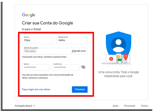 coloque suas informações para criar email