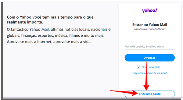 comece a criar email no yahoo