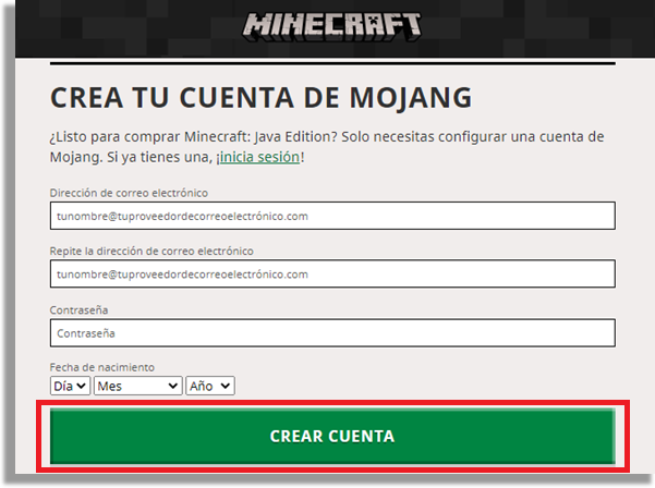 jugar Minecraft crear cuenta