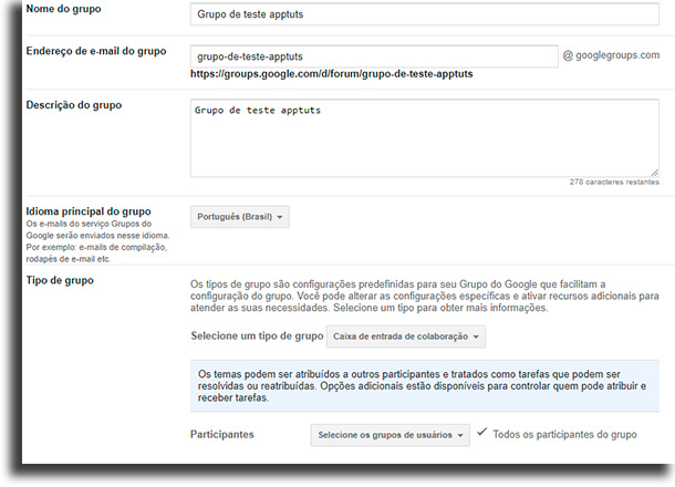 Criação do grupo criar email de turma