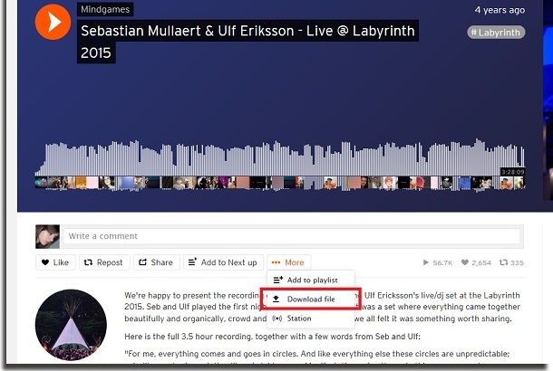 Downloading music on Soundcloud, the song's page