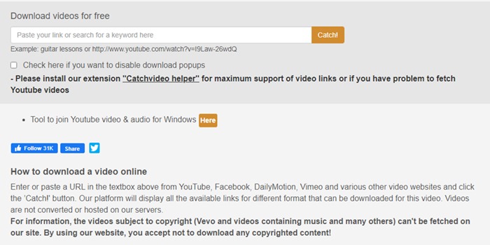 CatchVideo.net websites to download YouTube videos