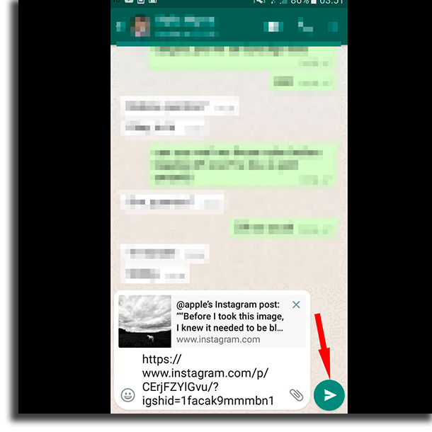 Green arrow share Instagram link on whatsapp
