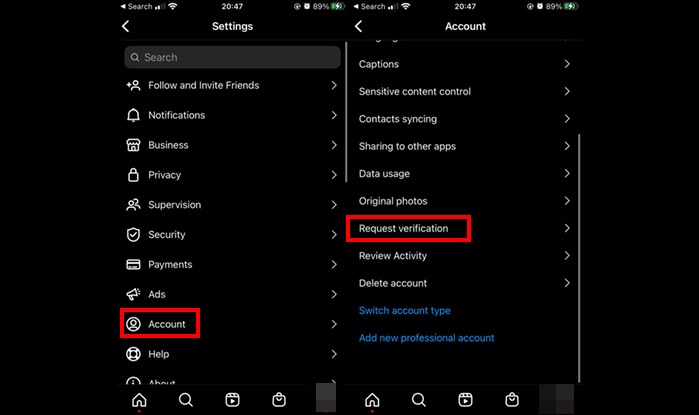 click account and request verification to get verified on Instagram