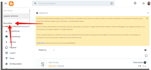 clique em novo blog e crie site grátis em 5 minutos
