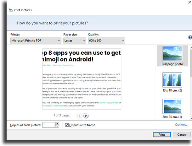 Choose settings convert images into PDF on Windows