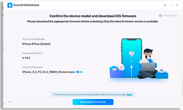 Tela de desbloqueio EaseUS MobiUnlock. Clique no botão Download Firmware