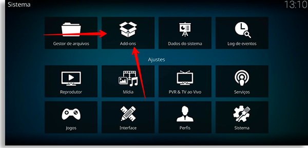 tela de configuração do kodi, escolha o botão addons