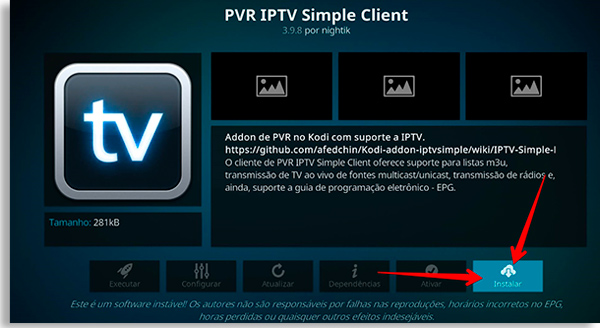 escolha o botão instalar para permitir assistir iptv no smartphone pelo kodi