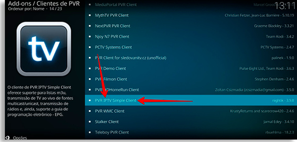 escolha o pvr iptv simple client no kodi de smartphone