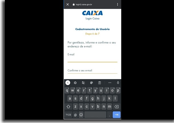 cadastrar email no app da caixa