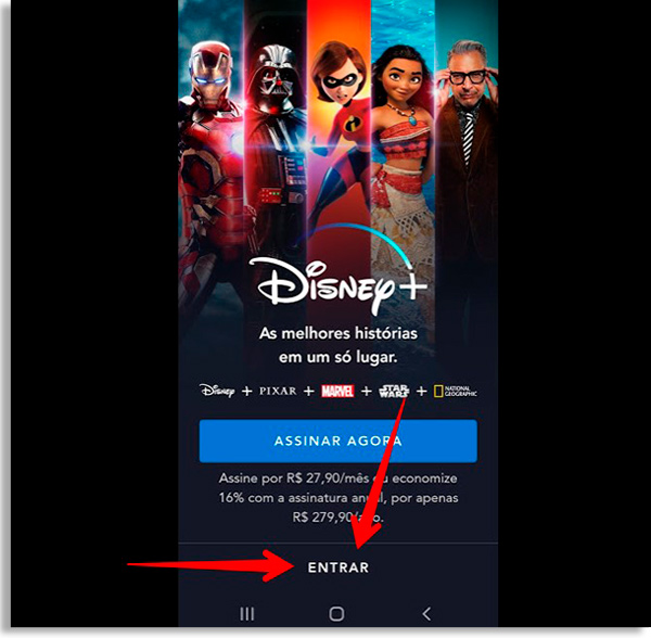 tela inicial do app do Disney+ para celular com seta vermelha apontando para o botão Entrar