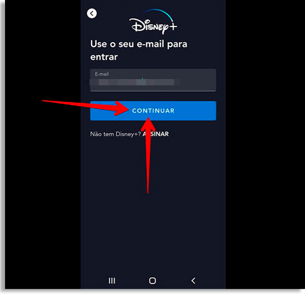 tela de login do serviço no celular, com setas vermelhas apontando para botão Continuar